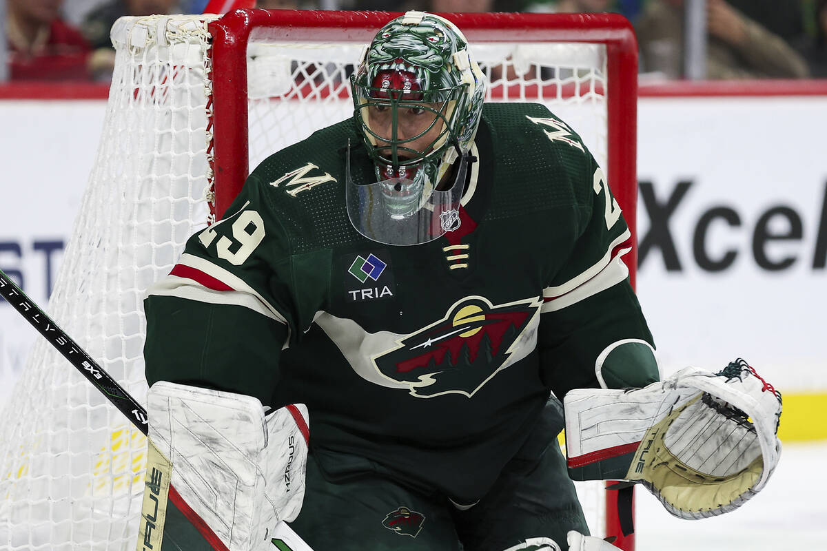 Minnesota Wild goaltender Marc-Andre Fleury defends his net against the Ottawa Senators during ...