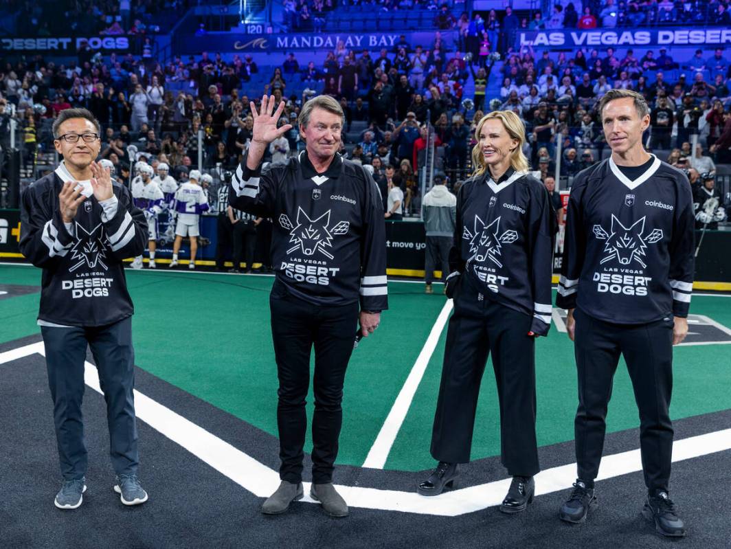 Desert Dogs team owners Joe Tsai, Wayne Gretzky, Janet Jones and Steve Nash greet the crowd as ...