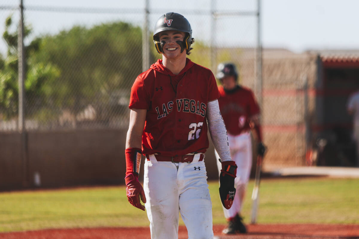 Las Vegas’ Bryden Bull (22) reacts to cheers from his teammates after scoring on a passe ...