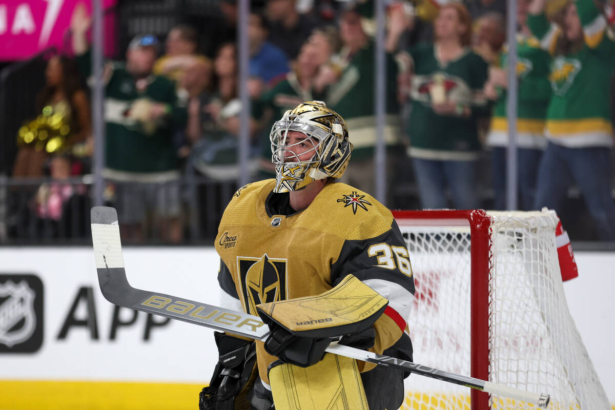 Golden Knights goaltender Logan Thompson (36) reacts after the Wild scored during the second pe ...