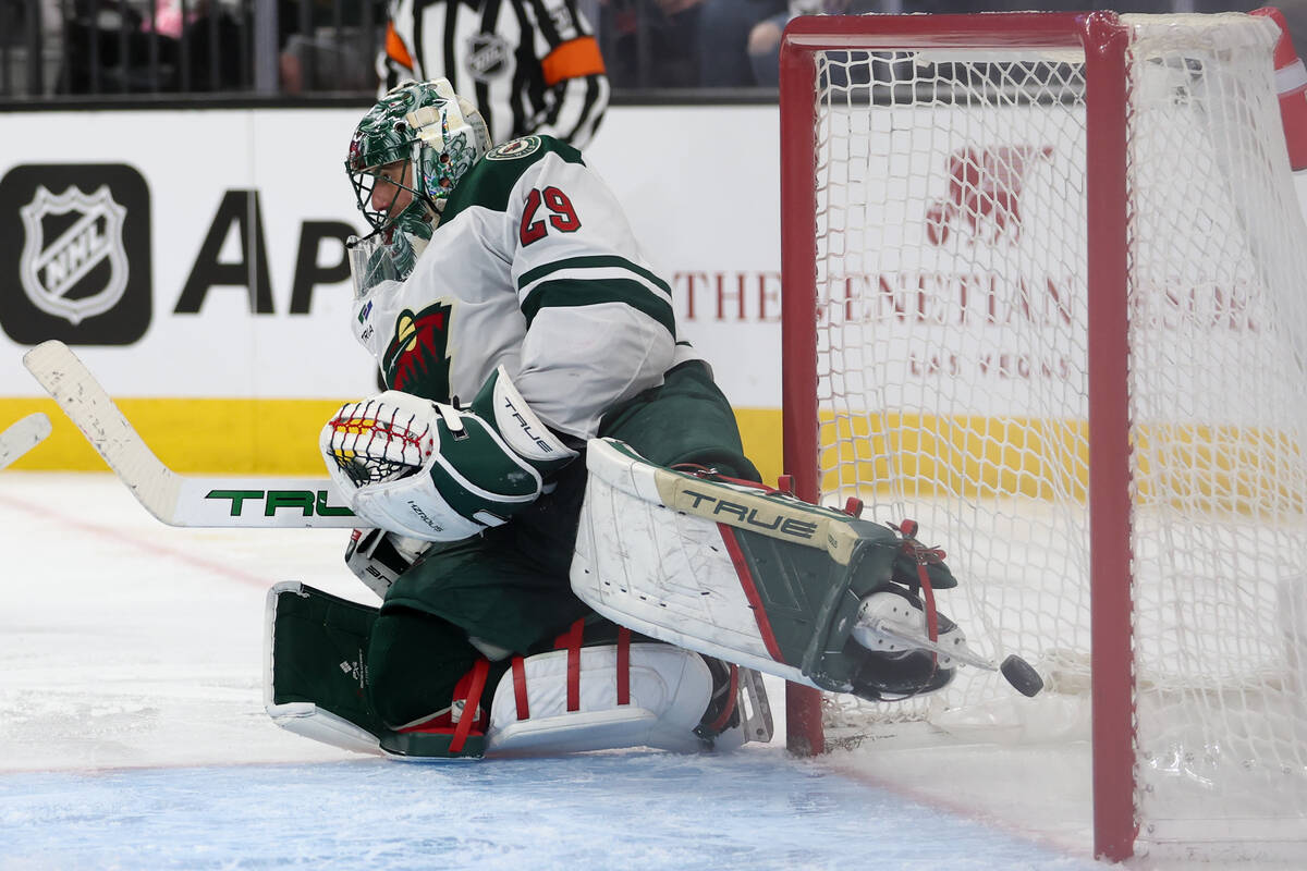 Wild goaltender Marc-Andre Fleury (29) misses the save on a Golden Knights goal during the thir ...