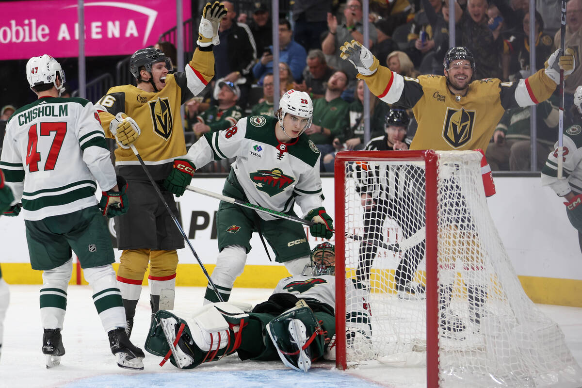 Golden Knights left wing Pavel Dorofeyev (16) and center Tomas Hertl (48) celebrate Hertl&#x201 ...