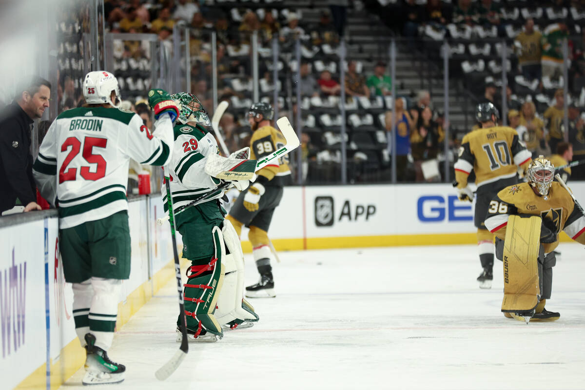 Wild goaltender Marc-Andre Fleury (29) warms up with his team before an NHL hockey game against ...