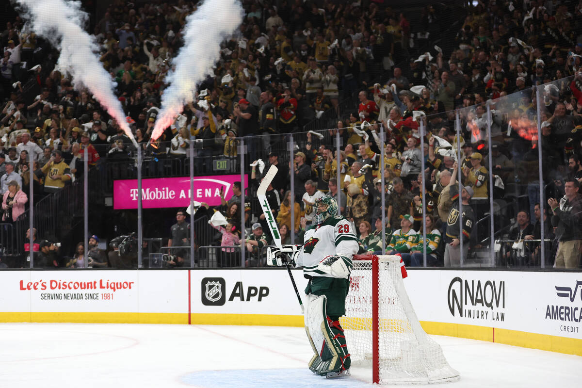 Wild goaltender Marc-Andre Fleury (29) reacts after letting in three Golden Knights goals durin ...