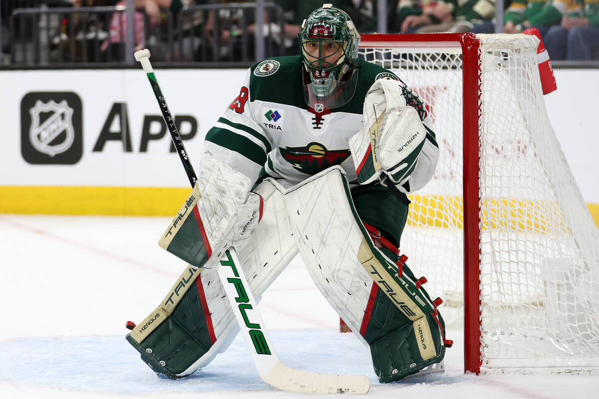 Wild goaltender Marc-Andre Fleury (29) anticipates the puck during the first period of an NHL h ...