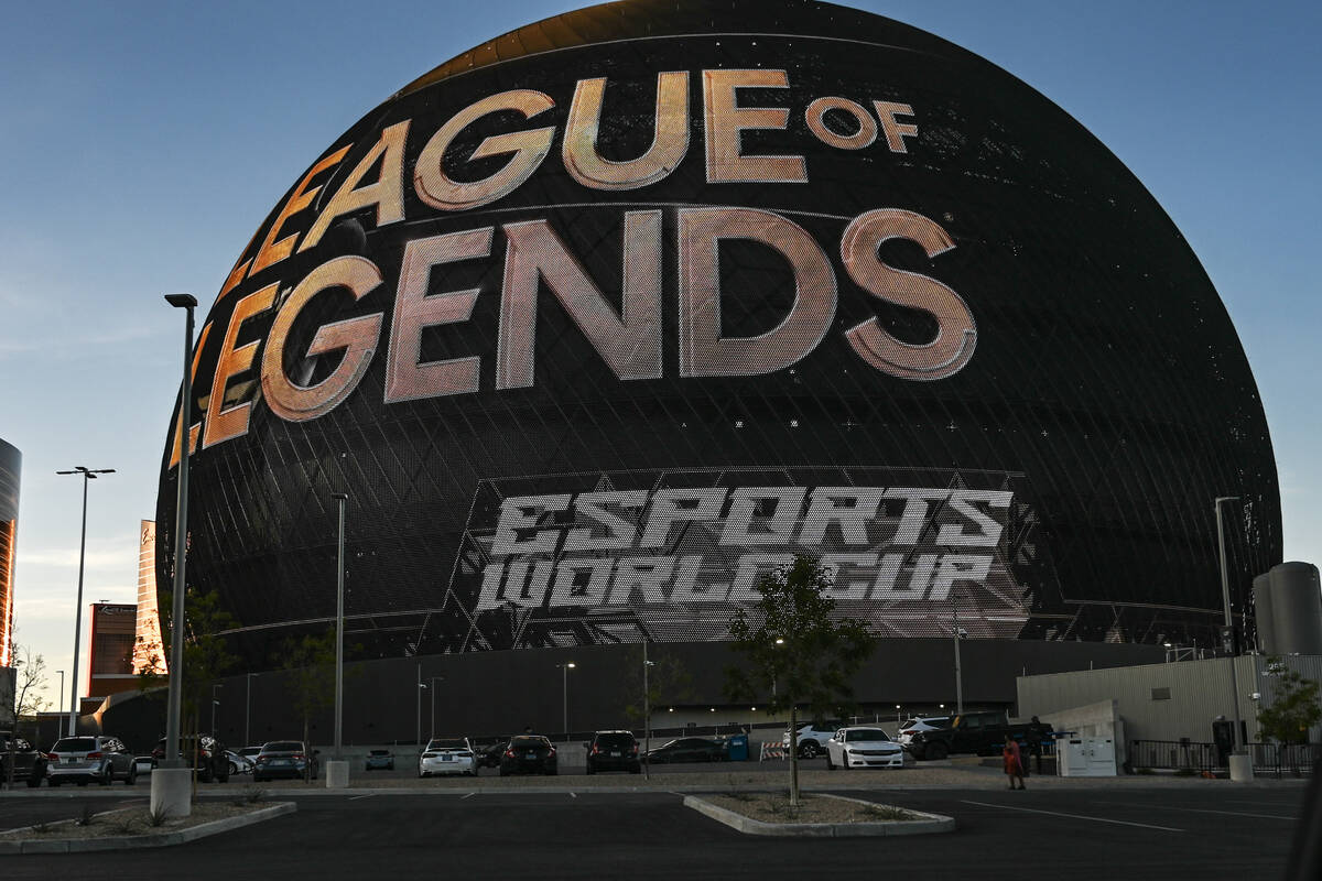 A graphic advertising the upcoming Esports World Cup is seen on the Sphere in Las Vegas Monday, ...