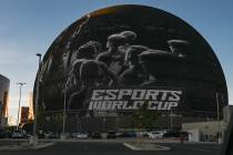 A graphic advertising the upcoming Esports World Cup is seen on the Sphere in Las Vegas Monday, ...