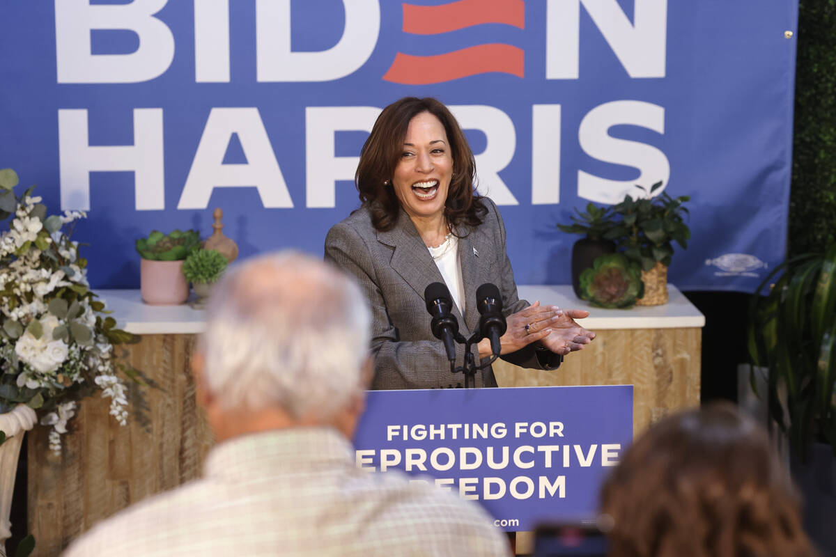 Vice President Kamala Harris speaks during a campaign event at Bottega Exchange coworking space ...