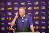 LSU head coach Brian Kelly speaks to reporters during LSU's NCAA football pro day in Baton Roug ...