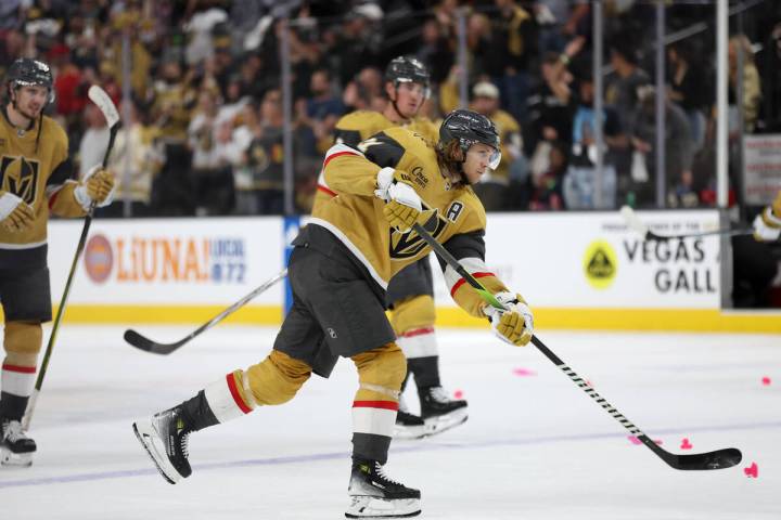 Golden Knights center William Karlsson (71) shoots a flamingo into the net after winning an NHL ...