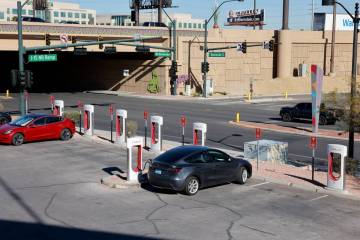 Electric vehicles charge at the Las Vegas North Premium Outlets. (K.M. Cannon/Las Vegas Review- ...