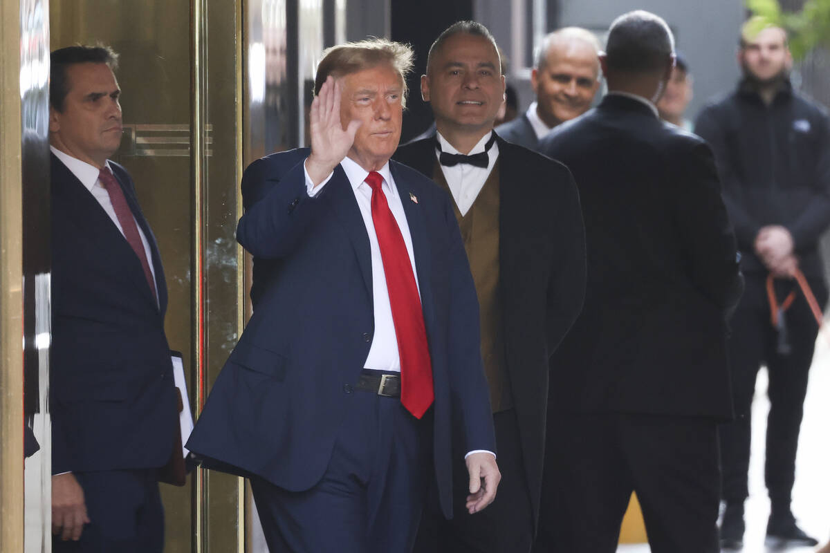 Former President Donald Trump leaves Trump Tower on his way to Manhattan criminal court, Monday ...