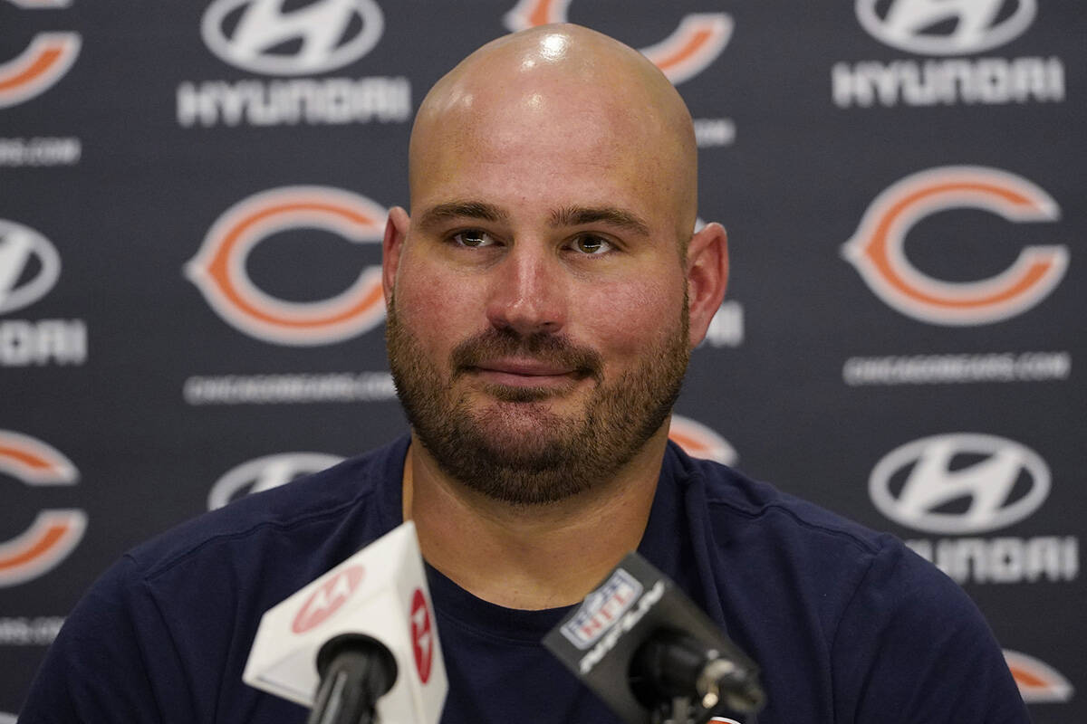 Chicago Bears offensive line Cody Whitehair listens to reporters at a news conference during th ...