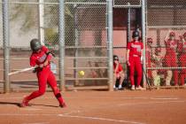 Liberty High School’s Jaydah Chun (50) bats against Centennial High School at the Majest ...