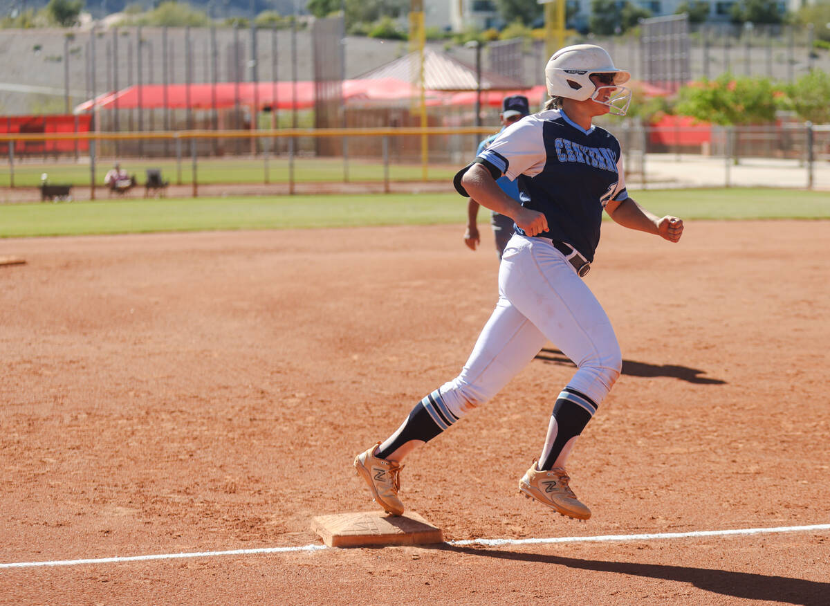 Centennial High School’s Campbell Cole (12) runs through third base in a game against Li ...