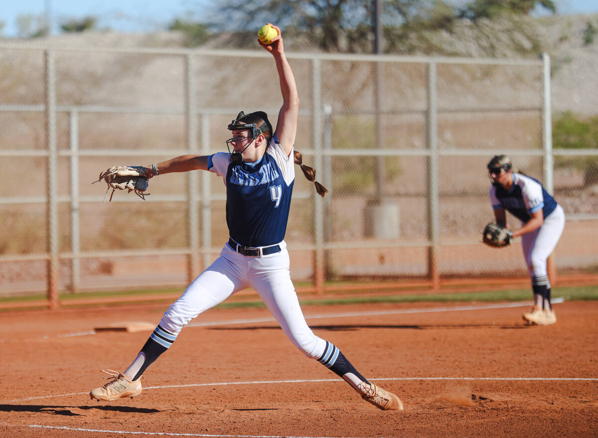 Centennial High School’s Lily Fournier (4) pitches against Liberty High School at the Ma ...