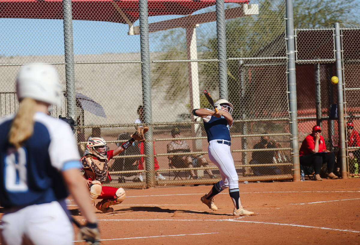 Centennial High School’s Campbell Cole (12) bats against Liberty High School at the Maje ...