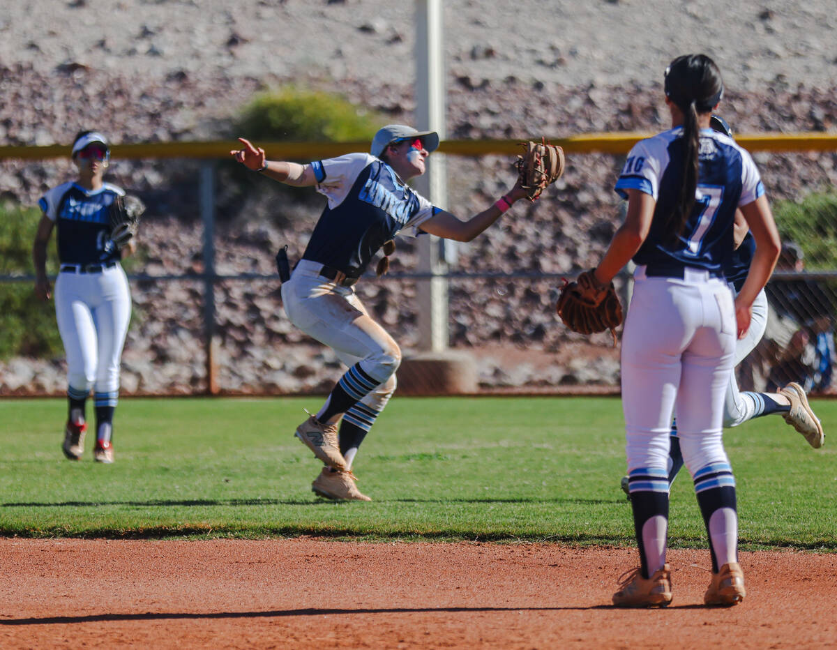 Centennial High School’s Juliana Bosco (2) fields a catch in a game against Liberty High ...