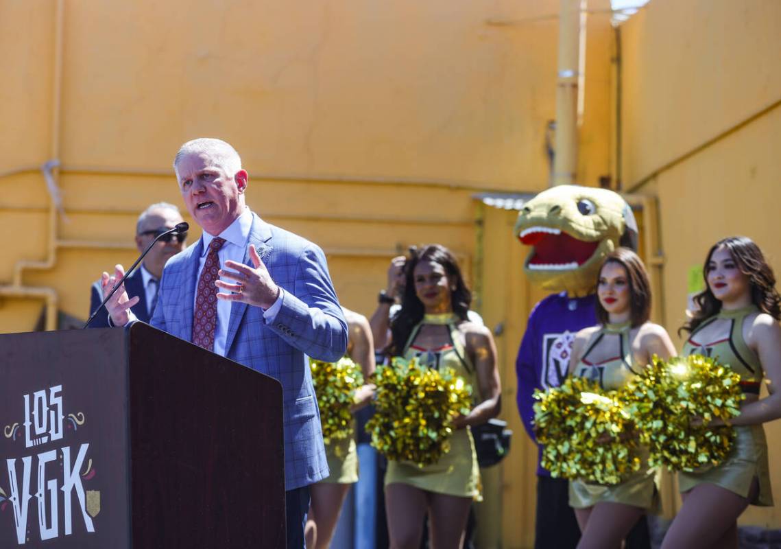 Golden Knights President Kerry Bubolz addresses the crowd at an event unveiling a Golden Knight ...