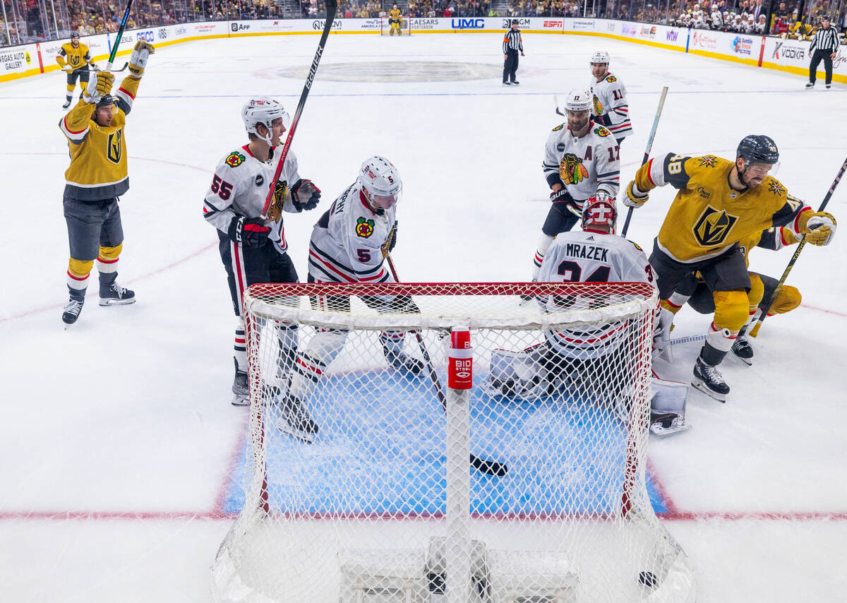 Golden Knights center Tomas Hertl (48) and teammates celebrate a goal over Chicago Blackhawks g ...