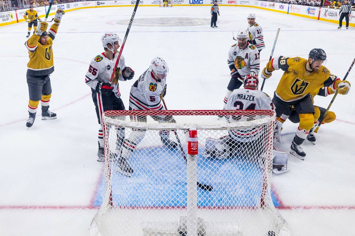 Golden Knights center Tomas Hertl (48) and teammates celebrate a goal over Chicago Blackhawks g ...