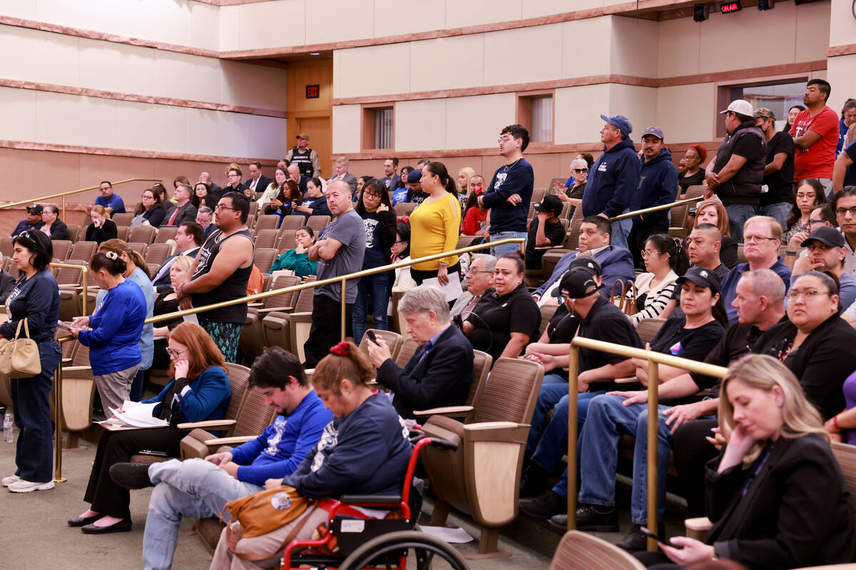 Audience members line up to speak during a public hearing on a sidewalk vendor licensing ordina ...