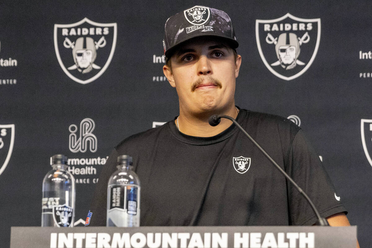 Raiders quarterback Aidan O’Connell takes questions during a media availability on the f ...