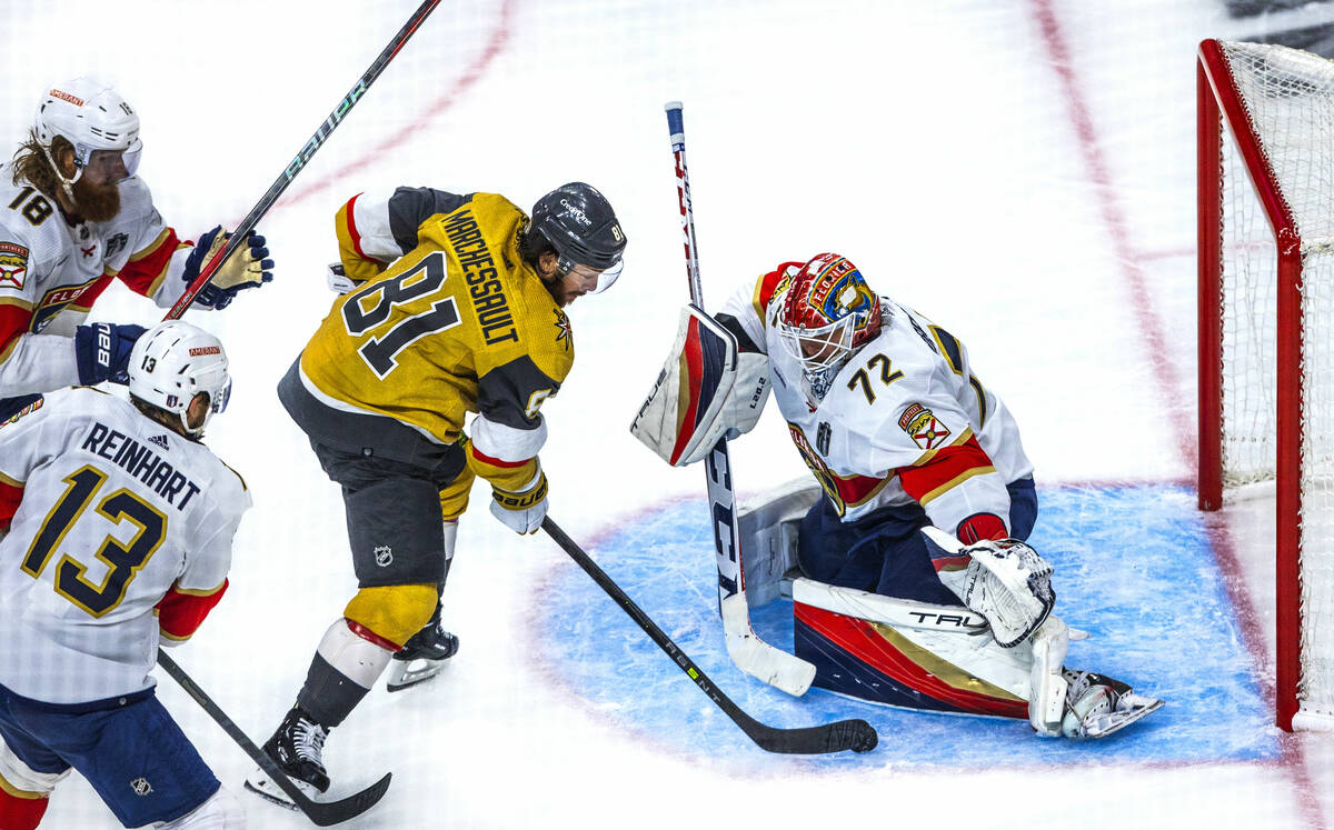 Golden Knights right wing Jonathan Marchessault (81) looks to shoot on Florida Panthers goalten ...