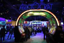 This Oct. 16, 2019, file photo shows the Aristocrat Technologies Inc. booth at the 2019 Global ...