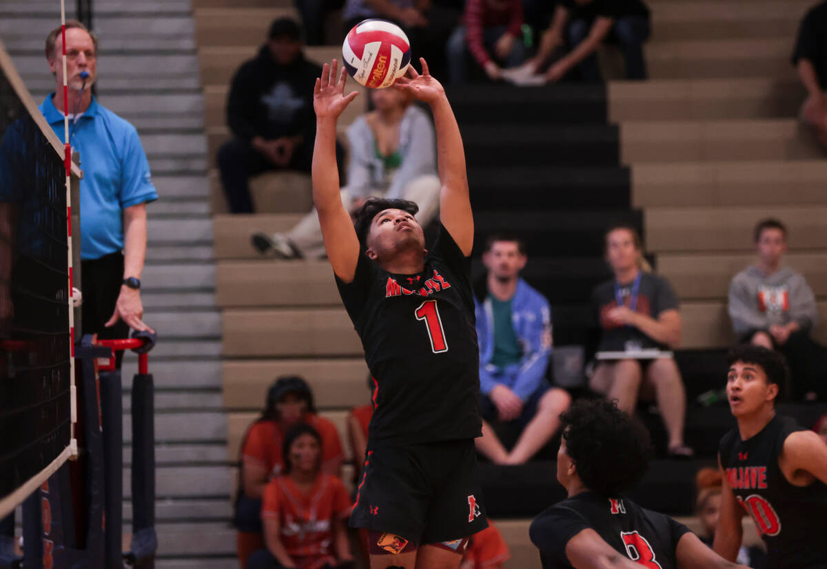 Mojave setter Gabriel Revuelto (1) sets the ball during a boys high school volleyball game at L ...