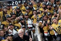 The Golden Knights pose for a team photo after winning the Stanley Cup Final against the Florid ...