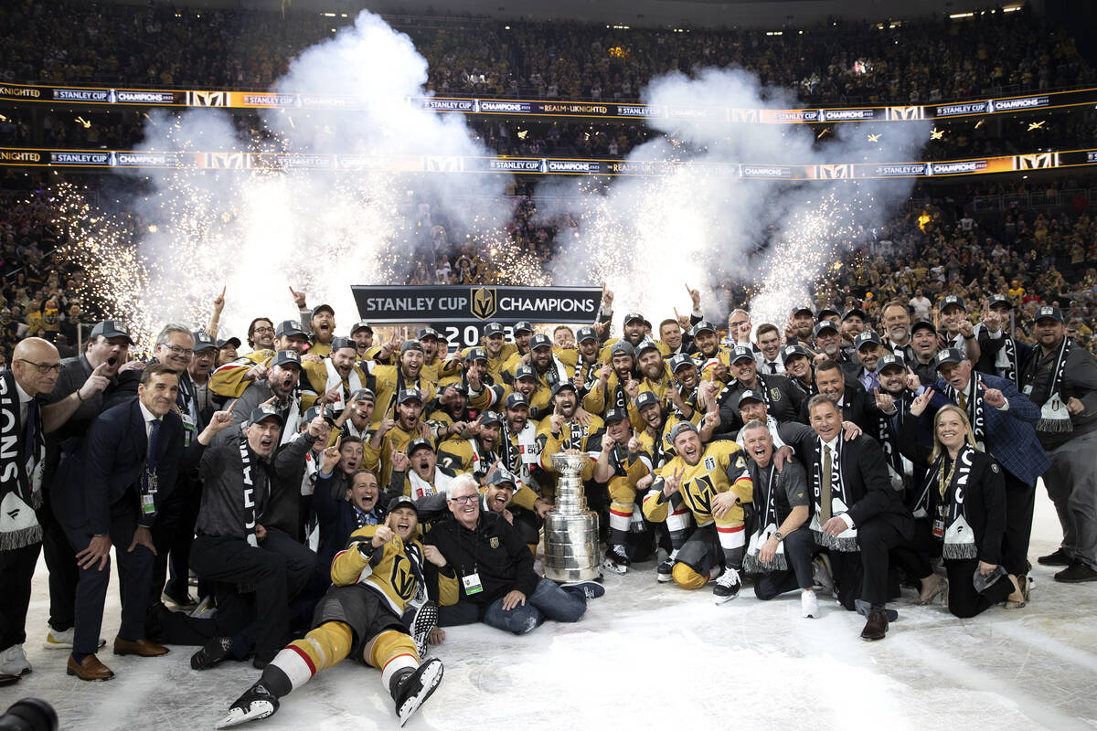 The Golden Knights pose for a team photo after winning the Stanley Cup Final against the Florid ...