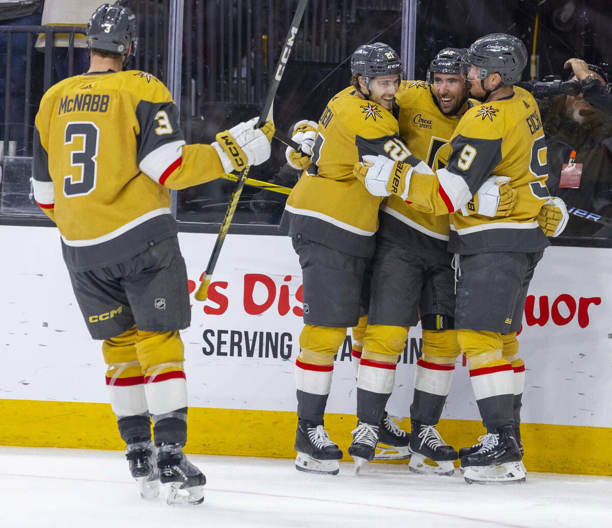 Golden Knights right wing Michael Amadio (22) and teammates celebrates a score on Chicago Black ...