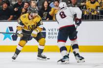 Golden Knights right wing Jonathan Marchessault (81) eyes the puck as Columbus Blue Jackets def ...