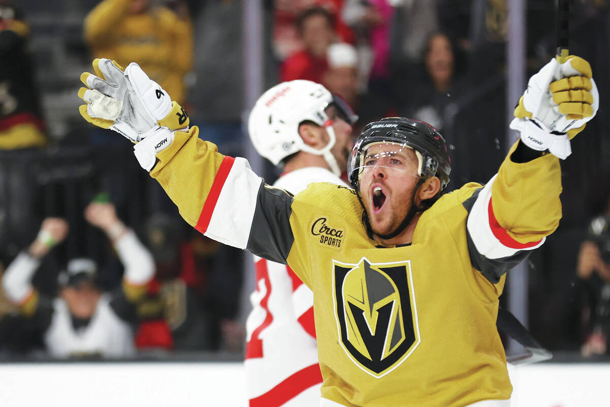 Golden Knights right wing Jonathan Marchessault (81) celebrates after scoring his second goal o ...