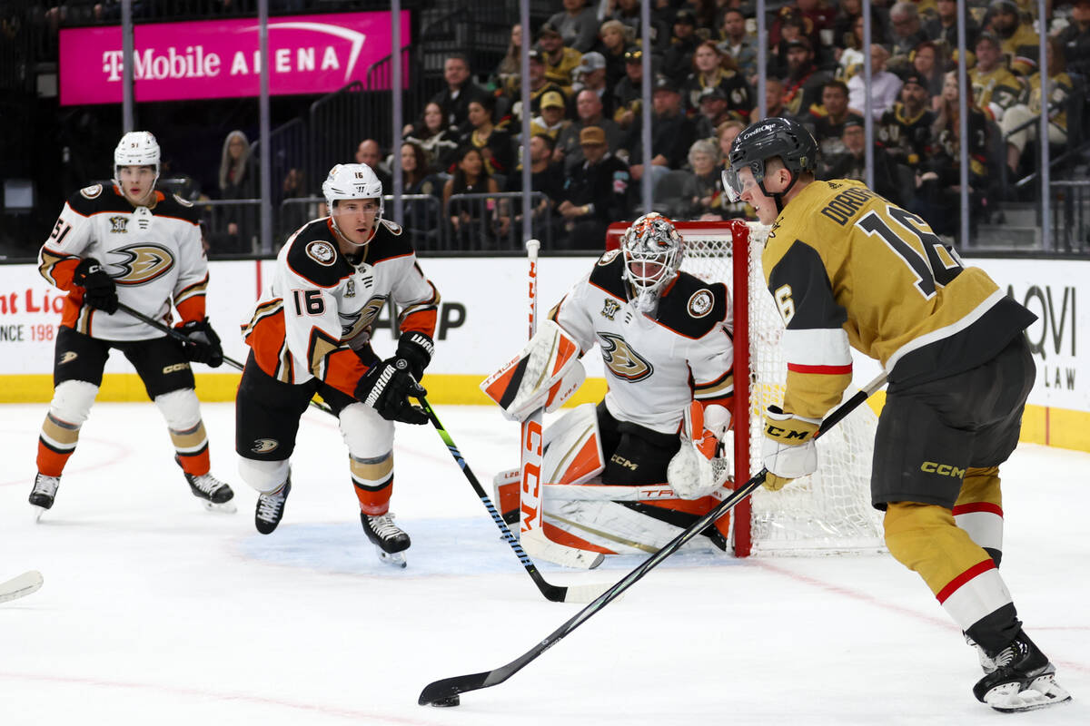 Golden Knights left wing Pavel Dorofeyev (16) prepares to shoot while Ducks goaltender Lukas Do ...