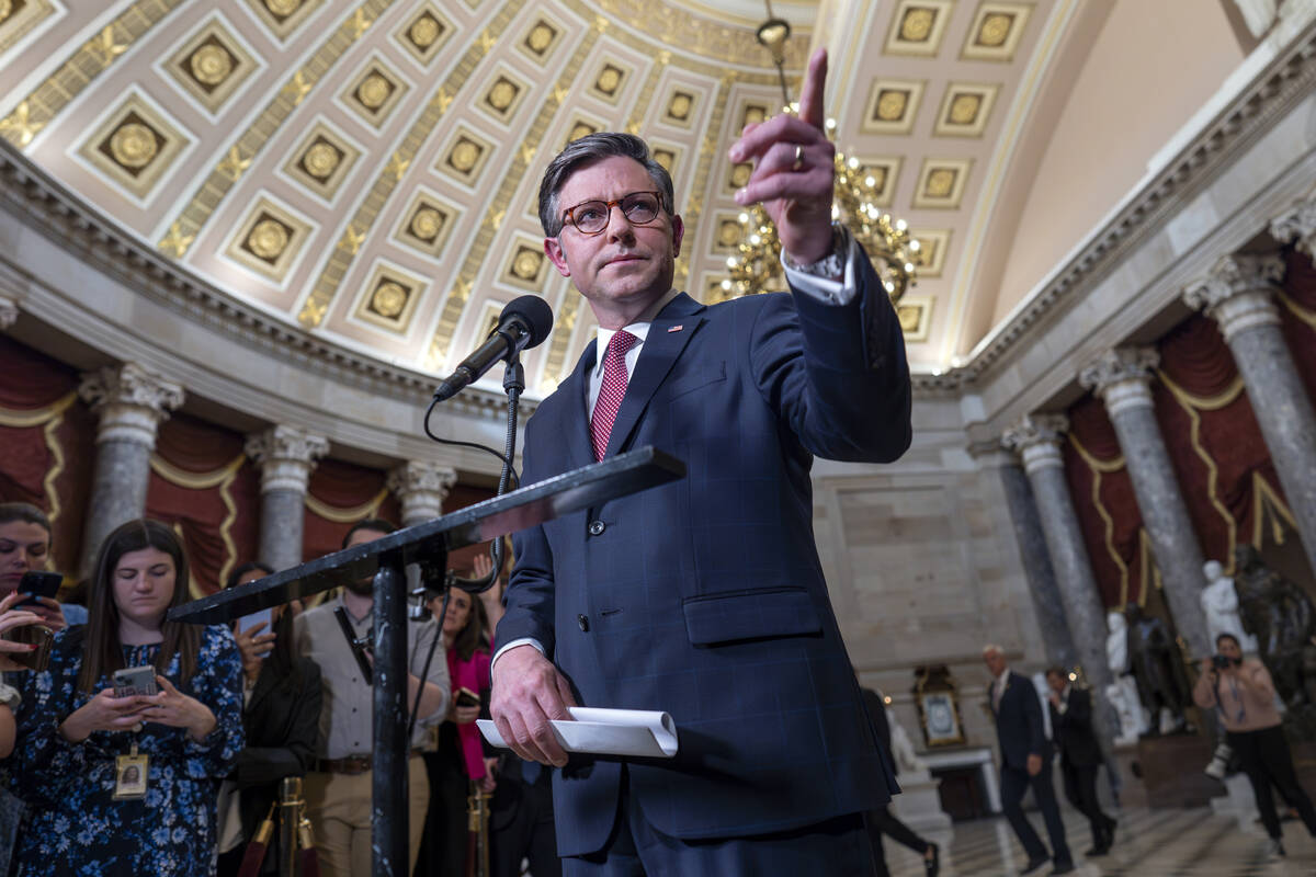 Speaker of the House Mike Johnson, R-La., speaks with reporters to discuss his proposal of send ...