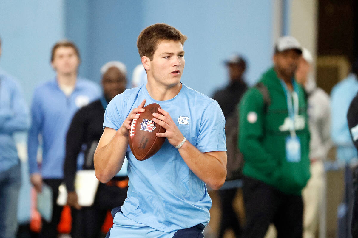 North Carolina's quarterback Drake Maye participates in North Carolina's NFL Pro Day in Chapel ...