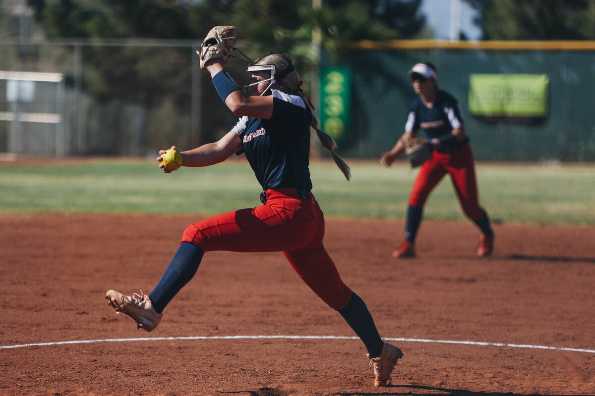 Coronado softball pitcher Kendall Selitzky (9) pitches during a softball game between Shadow Ri ...