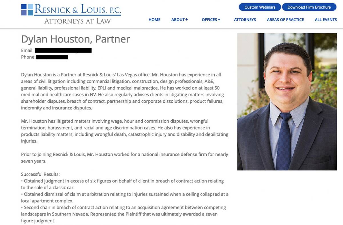Dylan Houston is seen in a screenshot of the Resnick & Louis, PC website.  (rlattorneys.com)