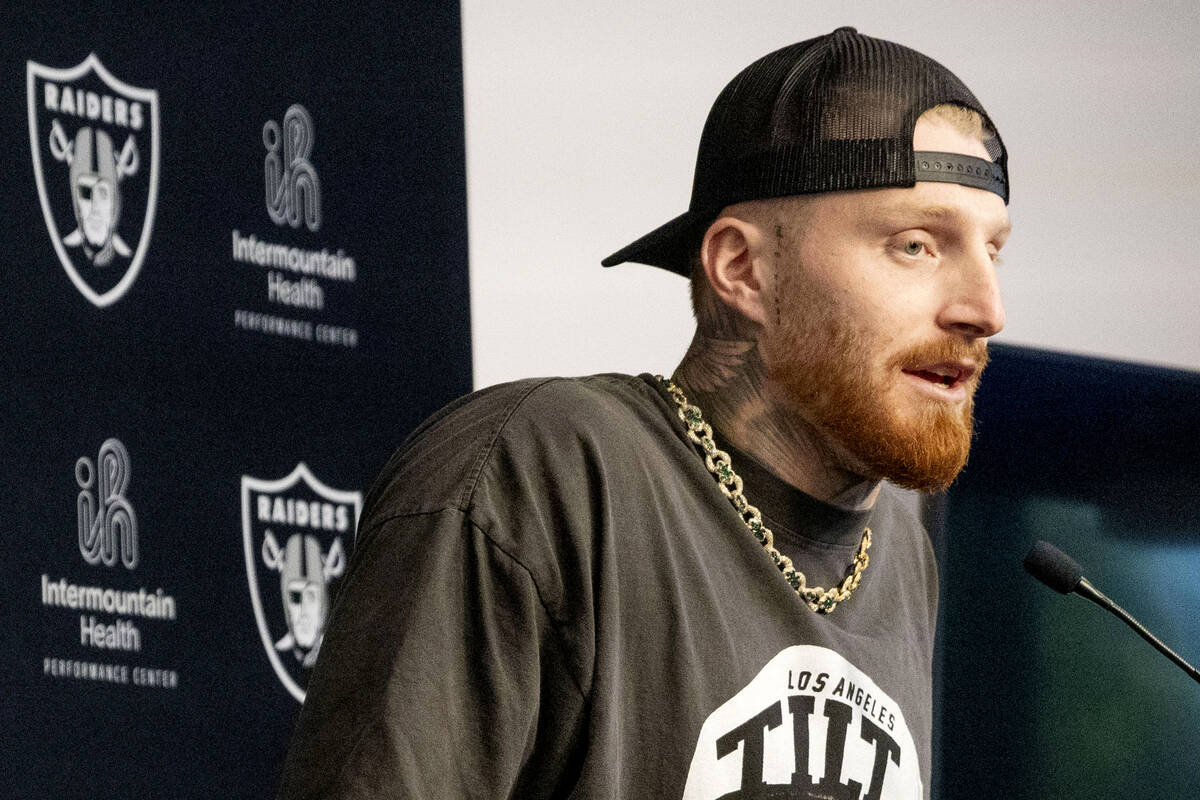 Raiders defensive end Maxx Crosby answers questions during a media availability on the first da ...