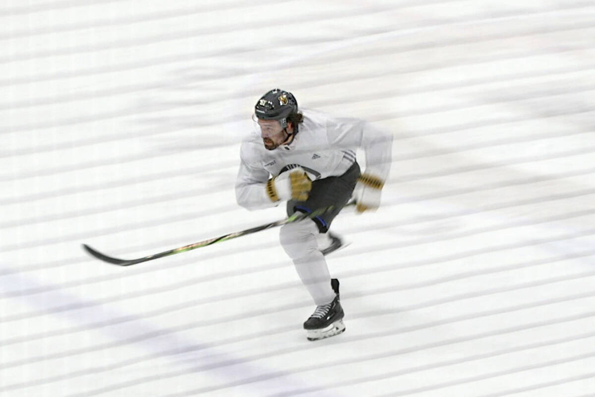 Golden Knights captain Mark Stone skates during a practice session on Saturday, April 20, 2024, ...