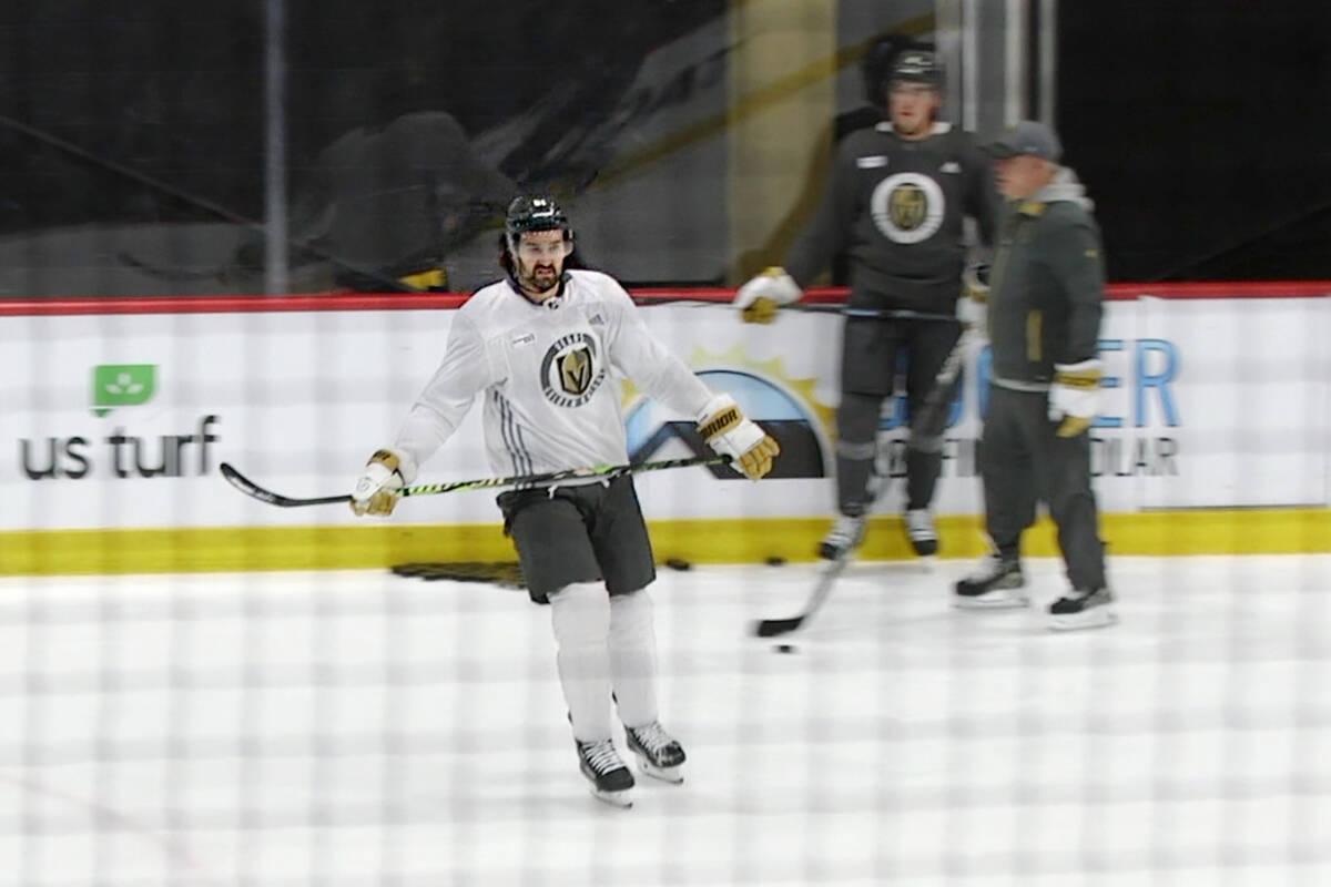 Golden Knights forward Mark Stone skates during a practice session on Saturday, April 20, 2024, ...