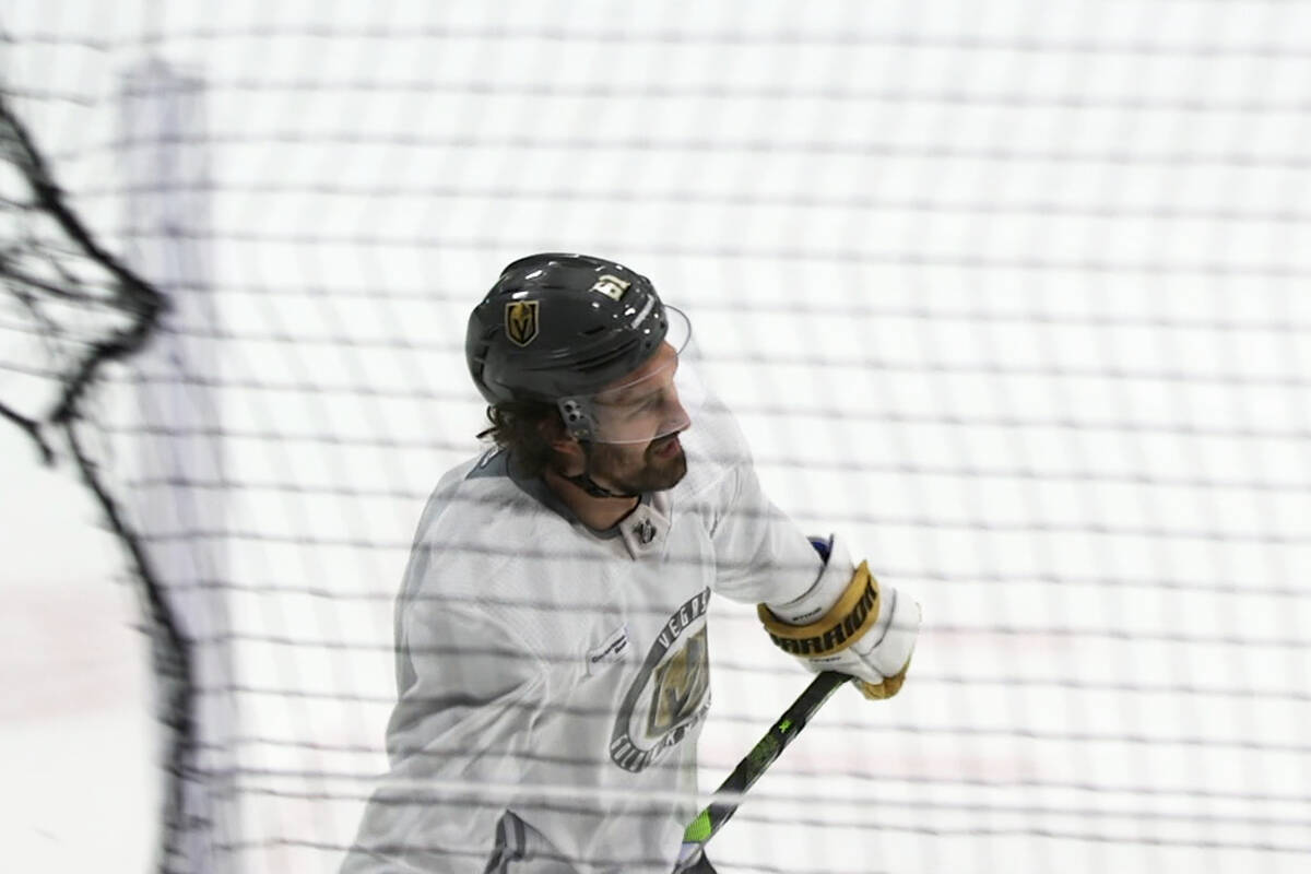 Golden Knights captain Mark Stone skates during a practice session on Saturday, April 20, 2024, ...