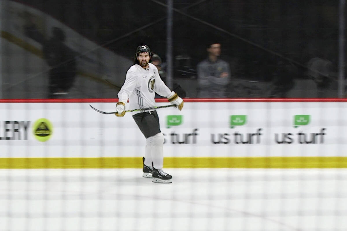 Golden Knights forward Mark Stone skates during a practice session on Saturday, April 20, 2024, ...