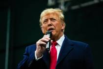 Donald Trump speaks to caucusgoers, Monday, Jan. 15, 2024, at Horizon Events Center in Clive, I ...
