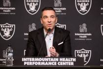 Raiders General Manager Tom Telesco speaks about the upcoming NFL draft during a press conferen ...