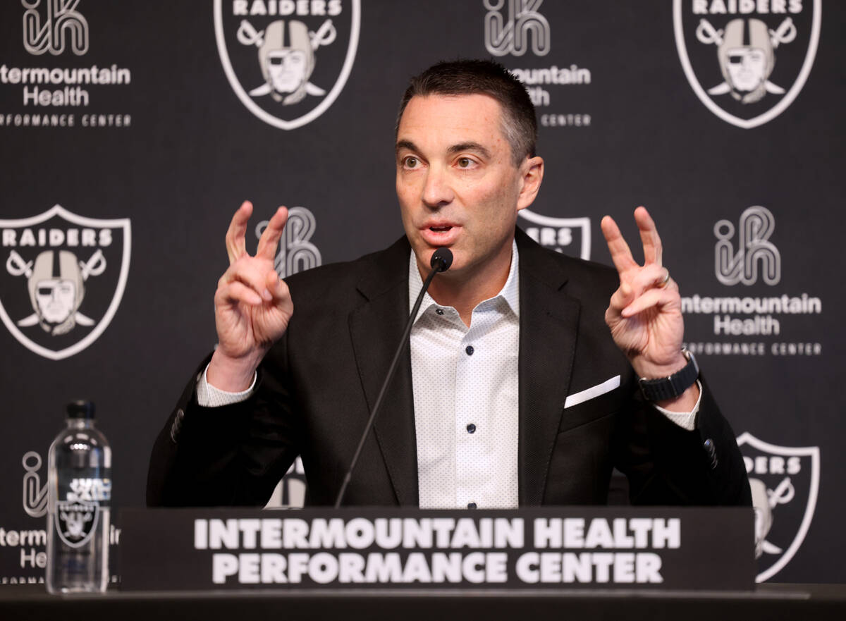 Raiders General Manager Tom Telesco speaks about the upcoming NFL draft during a press conferen ...