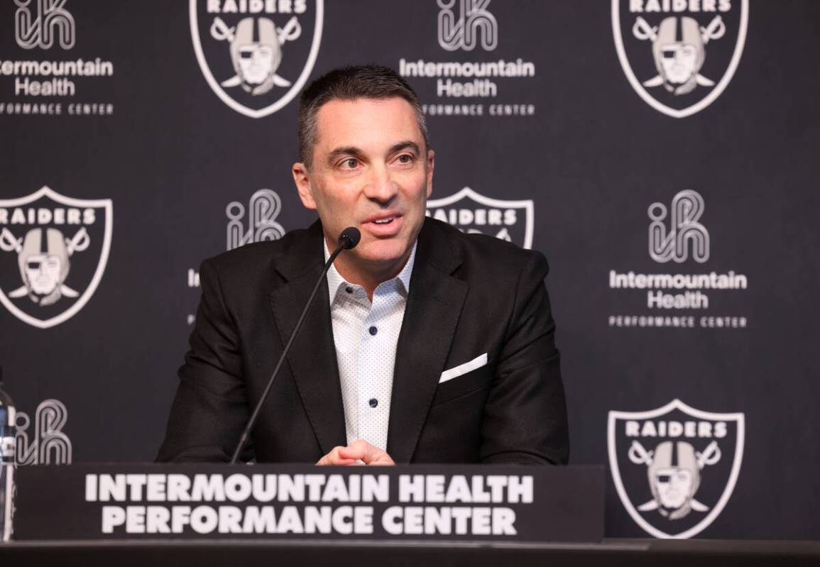 Raiders General Manager Tom Telesco speaks about the upcoming NFL draft during a press conferen ...