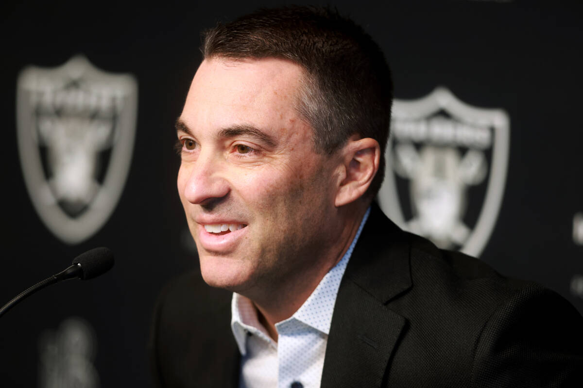 Raiders General Manager Tom Telesco speaks about the upcoming NFL draft during a press conferen ...